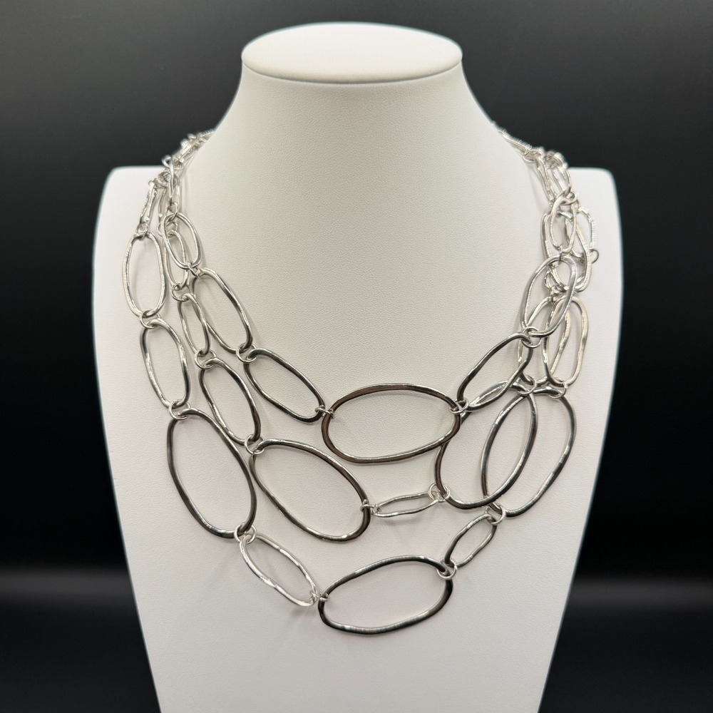 Silver Tone Multi Strand Oval Link Necklace Chunky Statement Modernist Layered